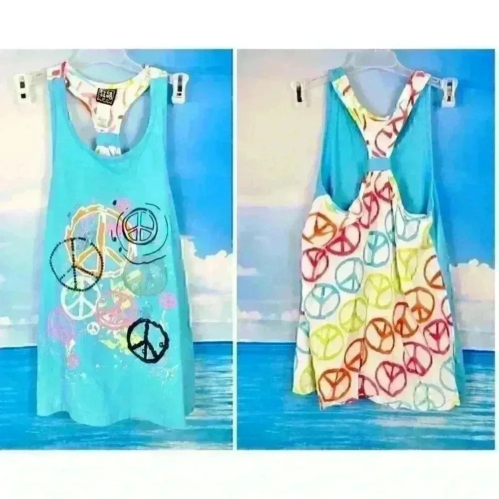POGO CLUB Beach Cover HIPPIE BOHO Tank Top Racerback TEAL Peace Signs Lg 14/16